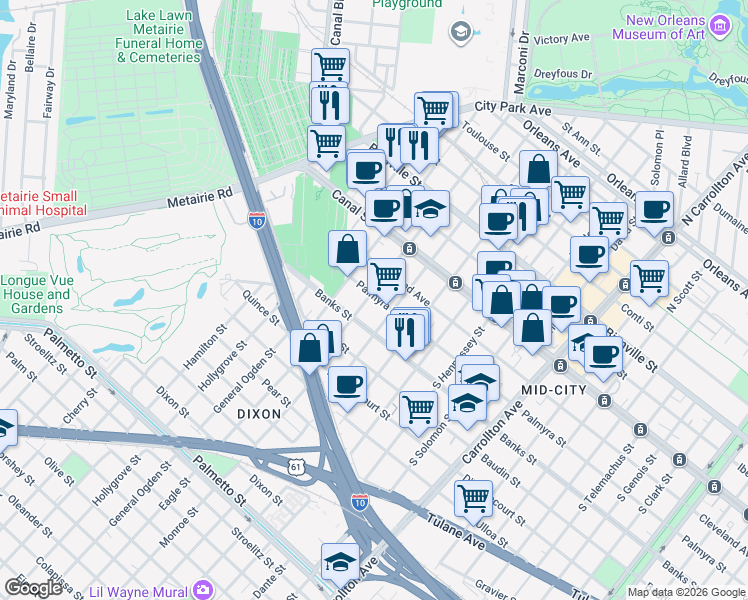 map of restaurants, bars, coffee shops, grocery stores, and more near 211 South Saint Patrick Street in New Orleans