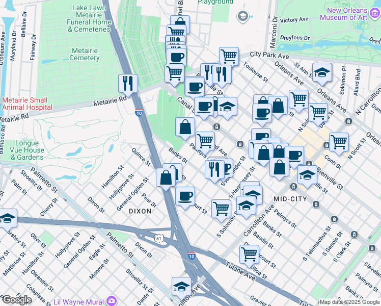 map of restaurants, bars, coffee shops, grocery stores, and more near 4738 Palmyra Street in New Orleans