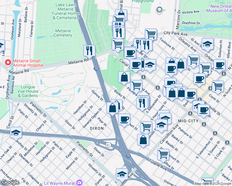 map of restaurants, bars, coffee shops, grocery stores, and more near 4838 Banks Street in New Orleans