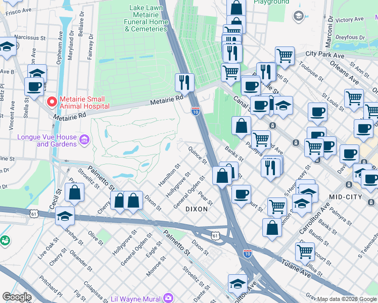 map of restaurants, bars, coffee shops, grocery stores, and more near 9127 Quince Street in New Orleans