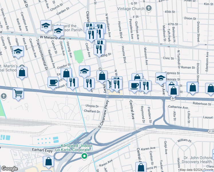 map of restaurants, bars, coffee shops, grocery stores, and more near 301 Clearview Parkway in Metairie