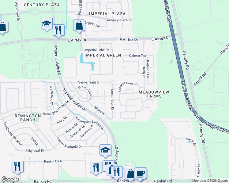 map of restaurants, bars, coffee shops, grocery stores, and more near Spencer Glen Lane in Houston