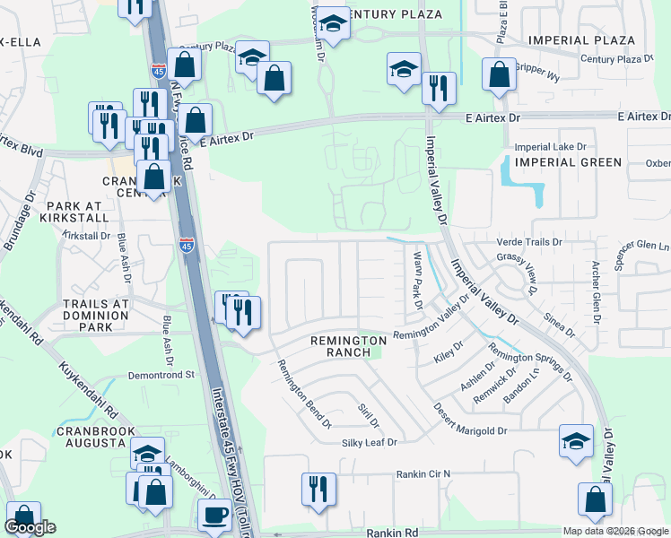 map of restaurants, bars, coffee shops, grocery stores, and more near 19531 Remington Martin Drive in Houston