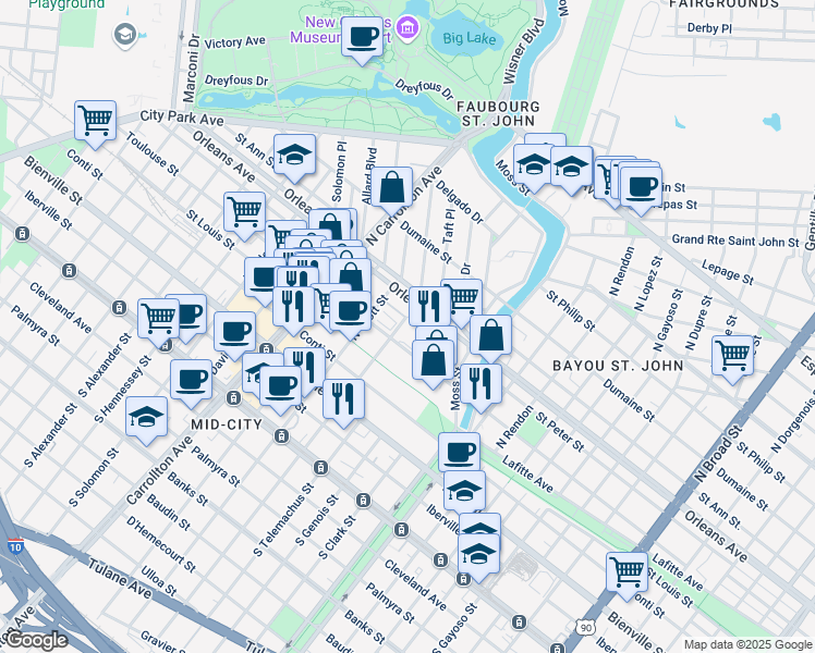map of restaurants, bars, coffee shops, grocery stores, and more near 3700 Orleans Avenue in New Orleans
