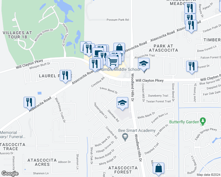 map of restaurants, bars, coffee shops, grocery stores, and more near 17602 Favor Bend Drive in Humble