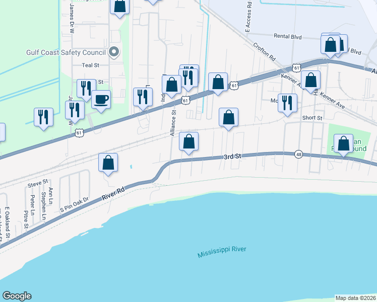 map of restaurants, bars, coffee shops, grocery stores, and more near Minden Avenue in Kenner