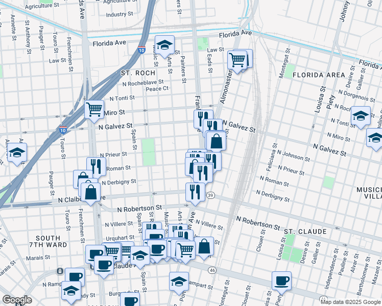 map of restaurants, bars, coffee shops, grocery stores, and more near 1922 Painters Street in New Orleans