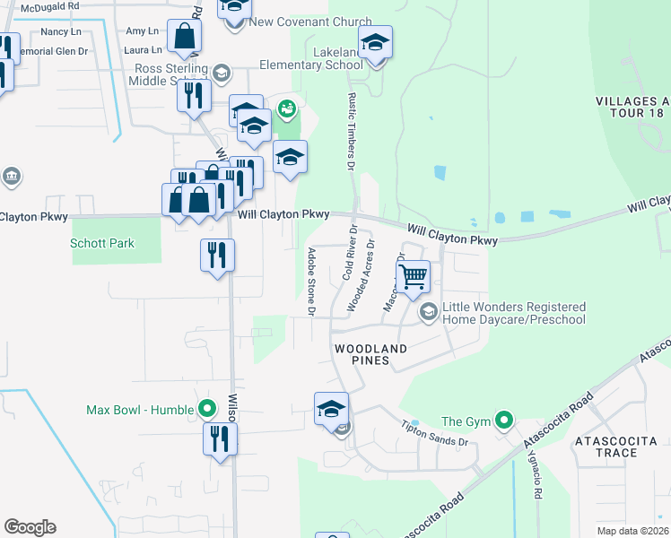 map of restaurants, bars, coffee shops, grocery stores, and more near 9322 Norwood Trails Drive in Humble