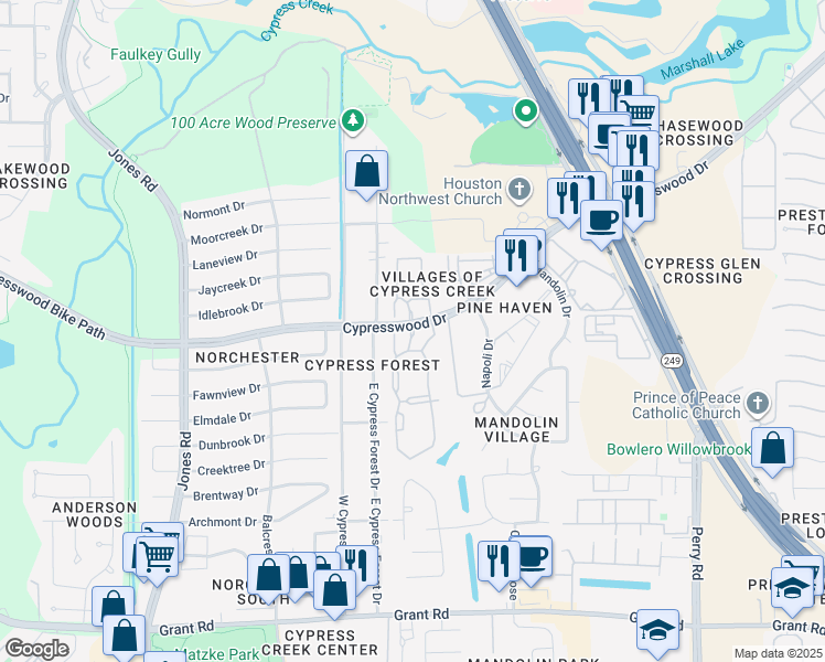 map of restaurants, bars, coffee shops, grocery stores, and more near 10921 East Cypress Forest Drive in Houston