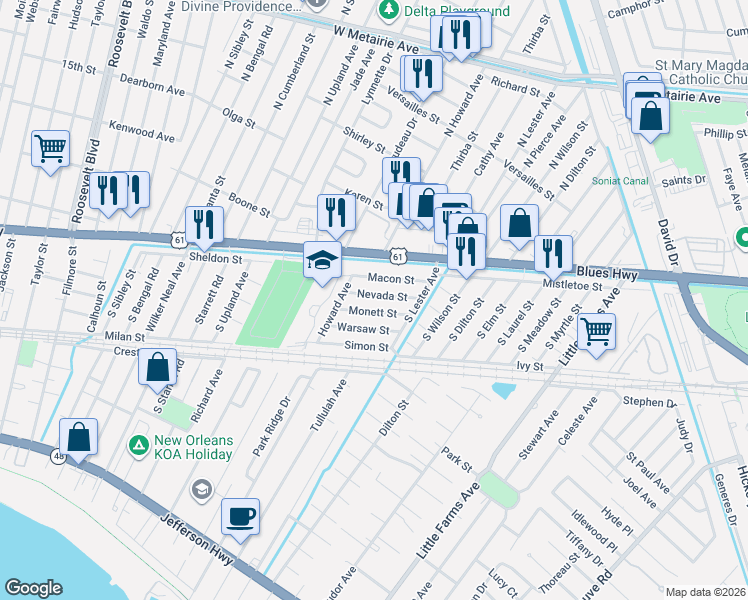 map of restaurants, bars, coffee shops, grocery stores, and more near 7924 Macon Street in Metairie