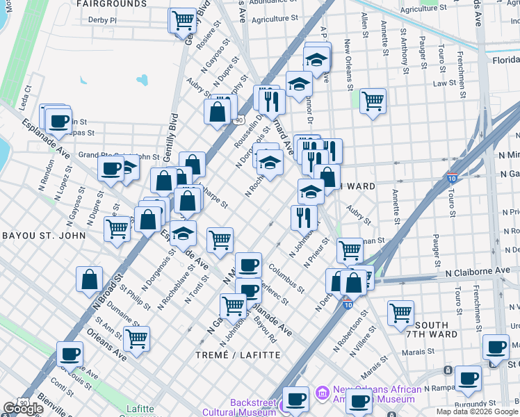 map of restaurants, bars, coffee shops, grocery stores, and more near 2298 Lapeyrouse Street in New Orleans