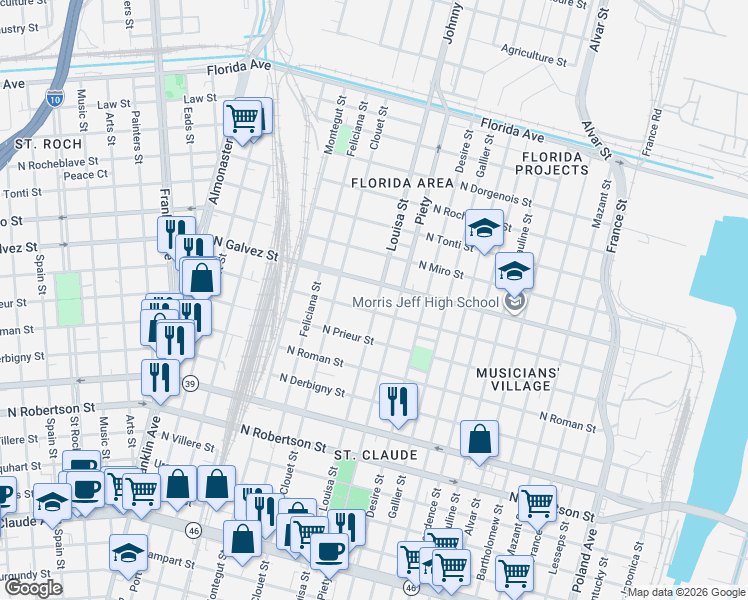 map of restaurants, bars, coffee shops, grocery stores, and more near 3201 North Galvez Street in New Orleans