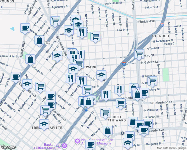 map of restaurants, bars, coffee shops, grocery stores, and more near 1803 North Johnson Street in New Orleans