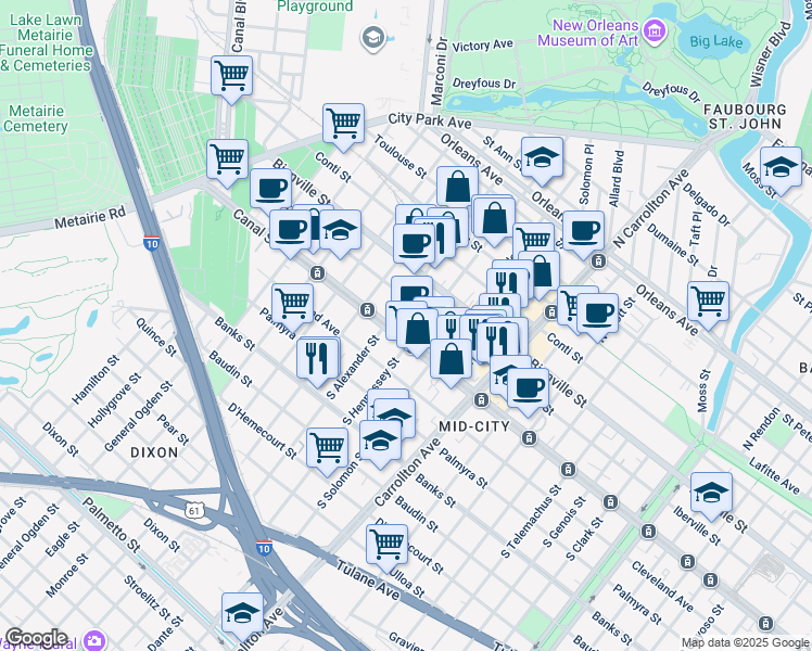 map of restaurants, bars, coffee shops, grocery stores, and more near 128 North Alexander Street in New Orleans