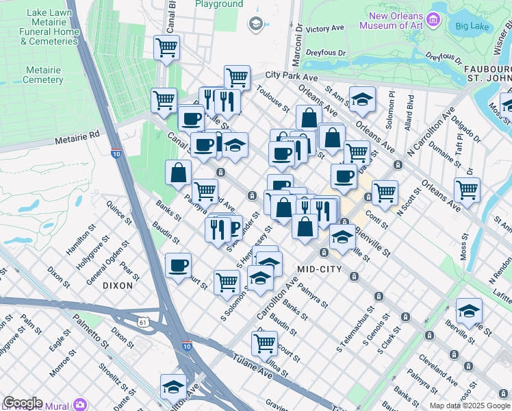 map of restaurants, bars, coffee shops, grocery stores, and more near in New Orleans