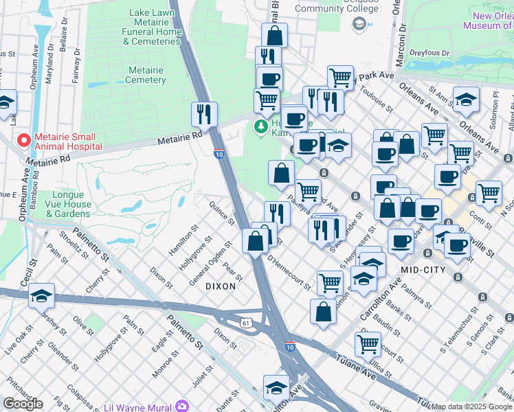 map of restaurants, bars, coffee shops, grocery stores, and more near 4838 Banks Street in New Orleans