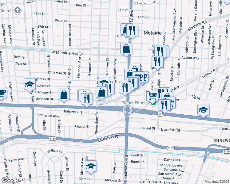 map of restaurants, bars, coffee shops, grocery stores, and more near 3215 Bauvais Street in Metairie