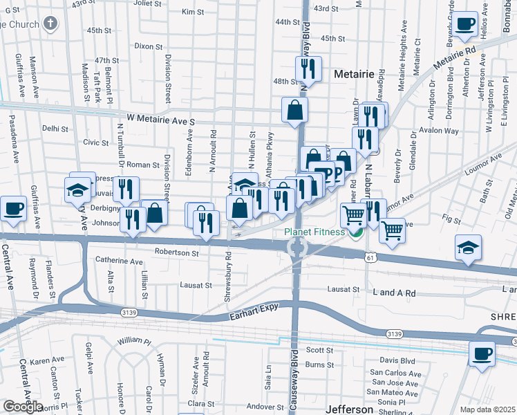 map of restaurants, bars, coffee shops, grocery stores, and more near 401 North Hullen Street in Metairie