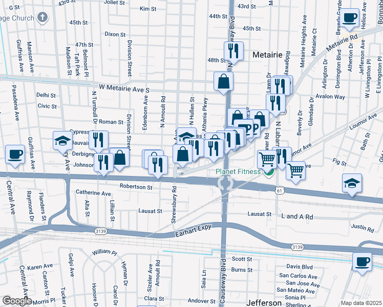 map of restaurants, bars, coffee shops, grocery stores, and more near 401 North Hullen Street in Metairie