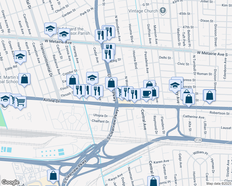 map of restaurants, bars, coffee shops, grocery stores, and more near 301 Clearview Parkway in Metairie