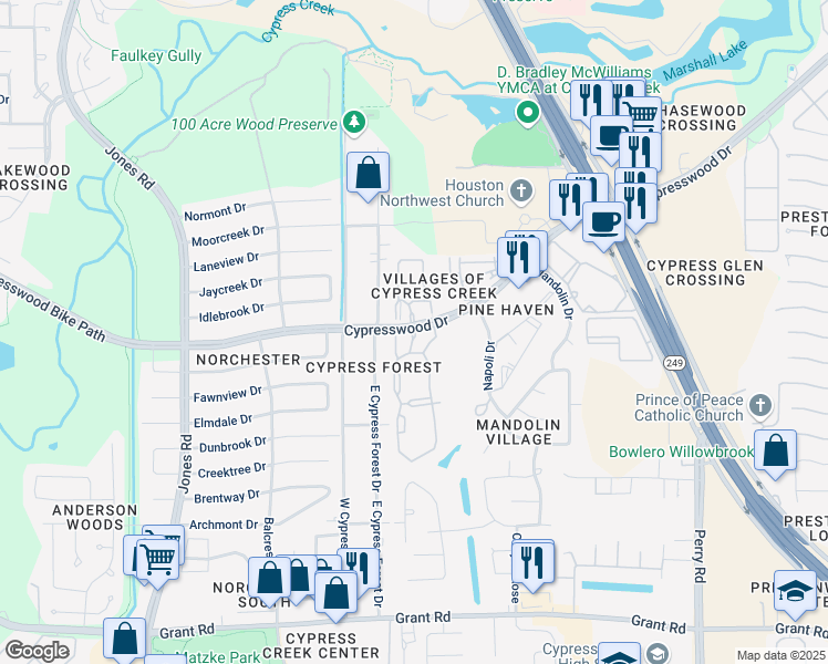 map of restaurants, bars, coffee shops, grocery stores, and more near 10325 Cypresswood Drive in Houston