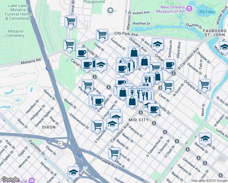 map of restaurants, bars, coffee shops, grocery stores, and more near 128 North Alexander Street in New Orleans