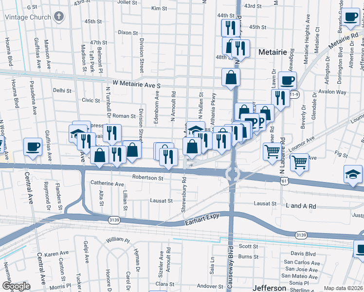map of restaurants, bars, coffee shops, grocery stores, and more near 400 Severn Avenue in Metairie