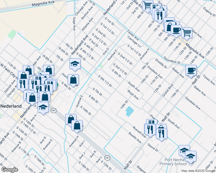 map of restaurants, bars, coffee shops, grocery stores, and more near 707 1/2 5th Avenue in Port Arthur