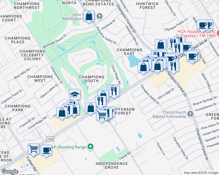 map of restaurants, bars, coffee shops, grocery stores, and more near 6126 Coral Ridge Road in Houston