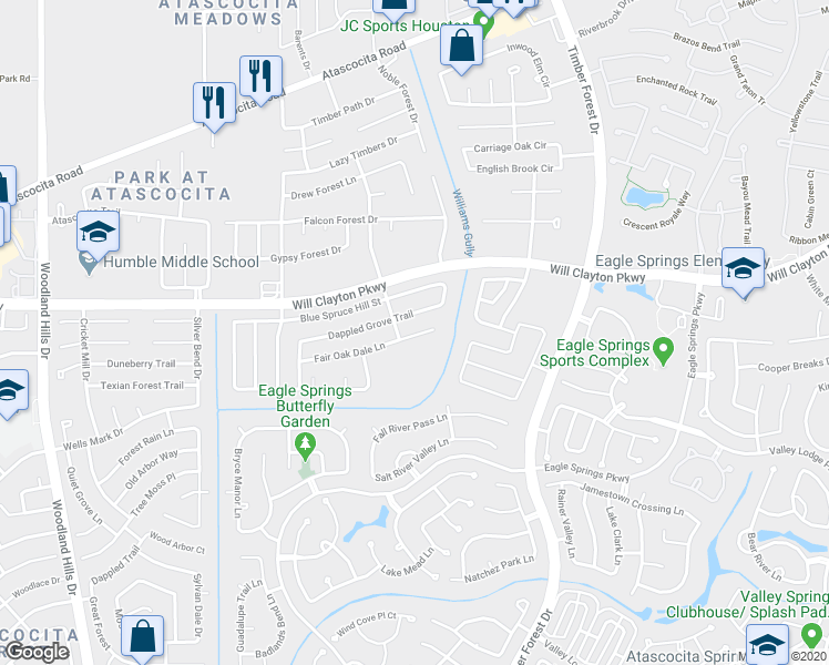 map of restaurants, bars, coffee shops, grocery stores, and more near 5015 Fair Oak Dale Lane in Humble