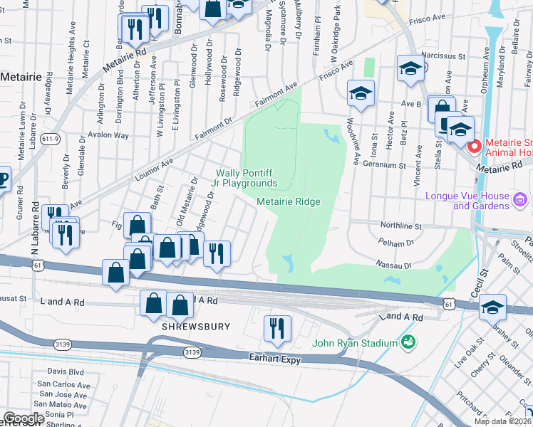 map of restaurants, bars, coffee shops, grocery stores, and more near 324 Edinburgh Street in Metairie