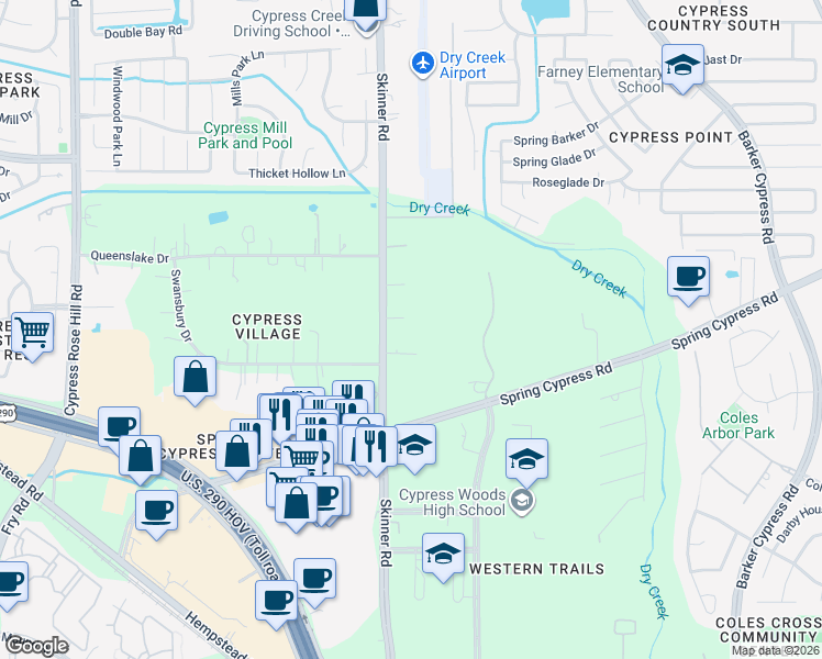 map of restaurants, bars, coffee shops, grocery stores, and more near 13950 Skinner Road in Cypress