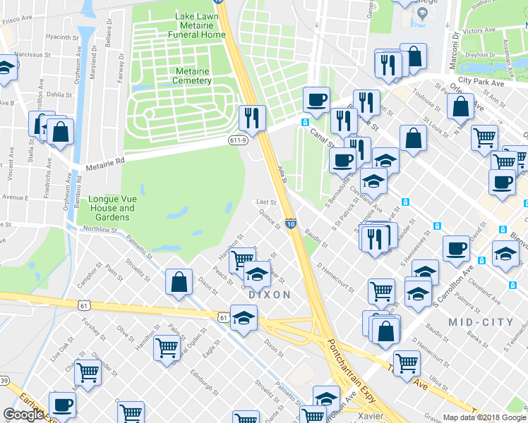 map of restaurants, bars, coffee shops, grocery stores, and more near 4404 Hamilton Street in New Orleans