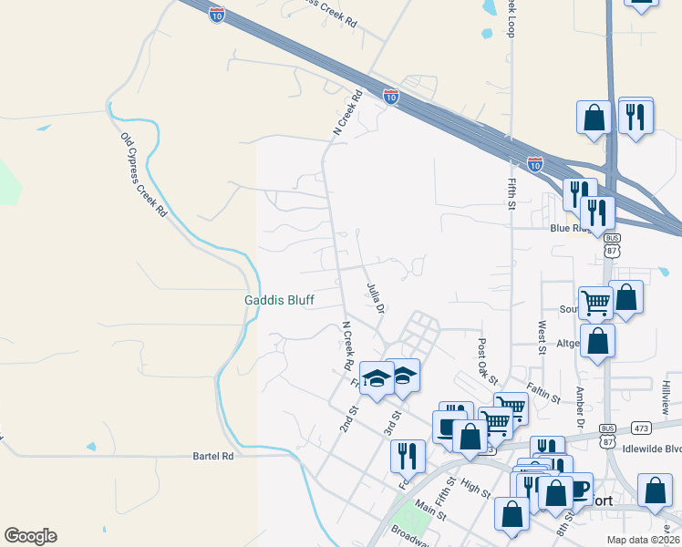 map of restaurants, bars, coffee shops, grocery stores, and more near 116 Shirley Drive in Comfort