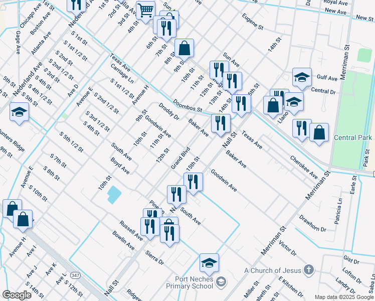 map of restaurants, bars, coffee shops, grocery stores, and more near 1099 Goodwin Avenue in Port Neches