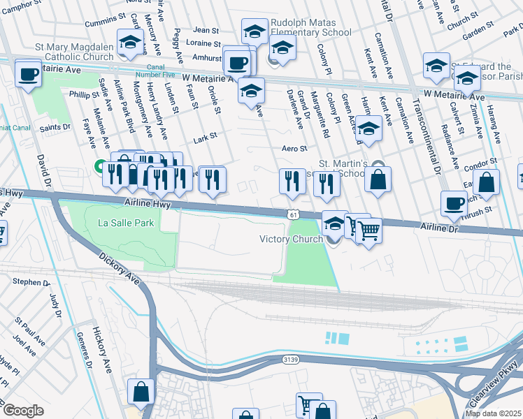 map of restaurants, bars, coffee shops, grocery stores, and more near 6005 Airline Drive in Metairie