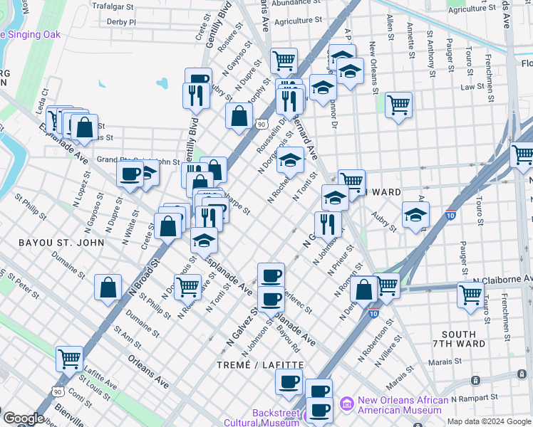 map of restaurants, bars, coffee shops, grocery stores, and more near 1564 North Rocheblave Street in New Orleans