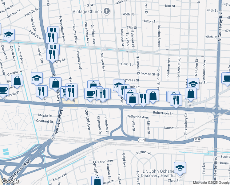 map of restaurants, bars, coffee shops, grocery stores, and more near 3911 Derbigny Street in Metairie