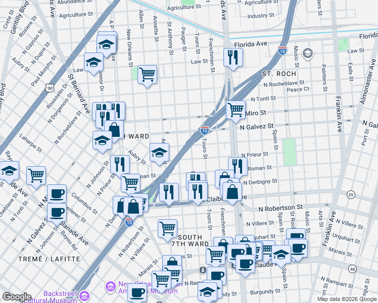 map of restaurants, bars, coffee shops, grocery stores, and more near 1961 North Johnson Street in New Orleans