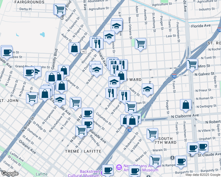 map of restaurants, bars, coffee shops, grocery stores, and more near 2114 D'Abadie Street in New Orleans