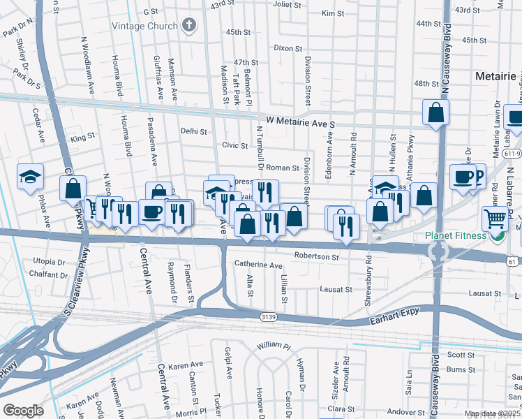 map of restaurants, bars, coffee shops, grocery stores, and more near 3832 Bauvais Street in Metairie