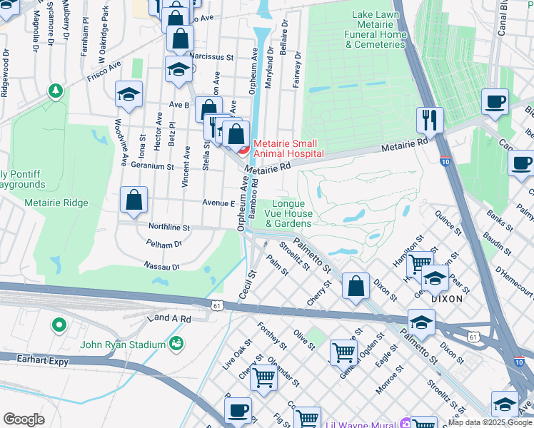 map of restaurants, bars, coffee shops, grocery stores, and more near 7 Bamboo Road in New Orleans