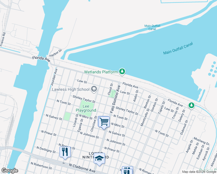 map of restaurants, bars, coffee shops, grocery stores, and more near 2614 Flood Street in New Orleans