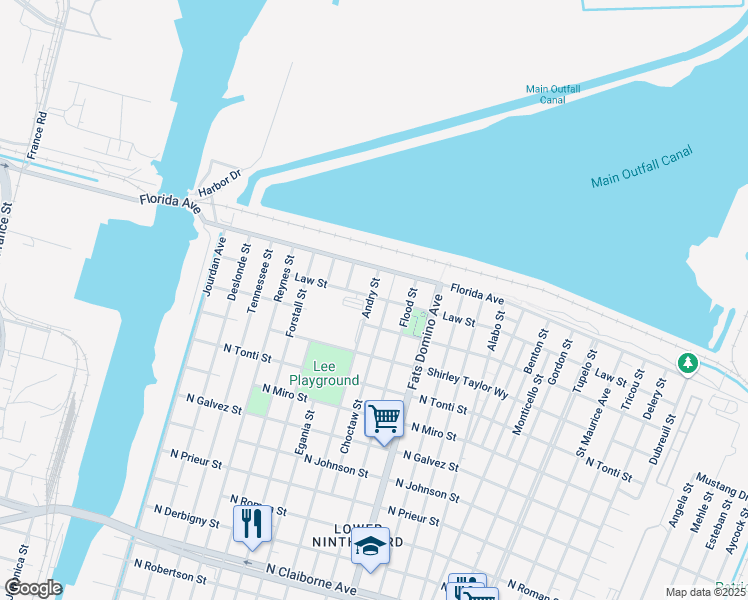 map of restaurants, bars, coffee shops, grocery stores, and more near 2610 Andry Street in New Orleans
