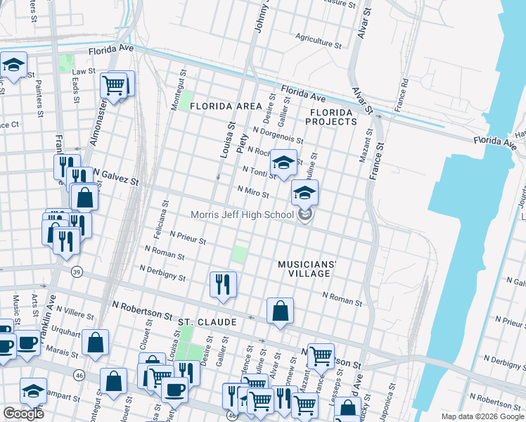 map of restaurants, bars, coffee shops, grocery stores, and more near 2131 Gallier Street in New Orleans