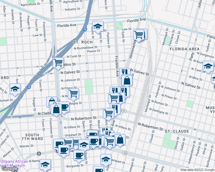 map of restaurants, bars, coffee shops, grocery stores, and more near 1922 Painters Street in New Orleans