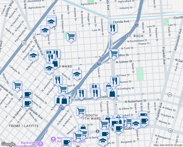 map of restaurants, bars, coffee shops, grocery stores, and more near 1961 North Johnson Street in New Orleans
