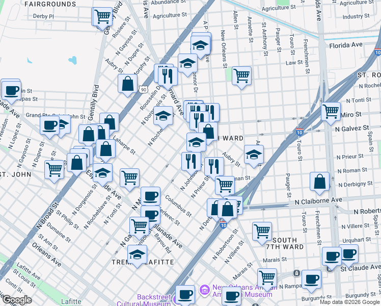 map of restaurants, bars, coffee shops, grocery stores, and more near 2114 D'Abadie Street in New Orleans