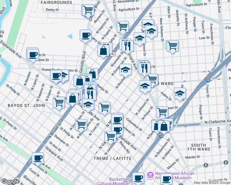 map of restaurants, bars, coffee shops, grocery stores, and more near 2422 Lapeyrouse Street in New Orleans
