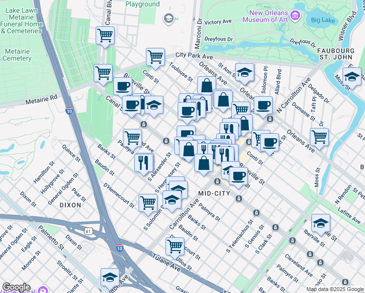 map of restaurants, bars, coffee shops, grocery stores, and more near 128 North Alexander Street in New Orleans